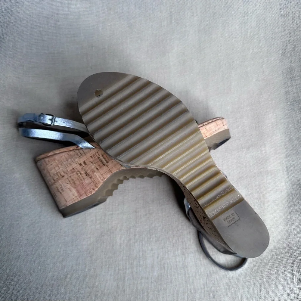 Stella McCartney Linda Cork Platform Metallic Silver Strappy Sandals 37